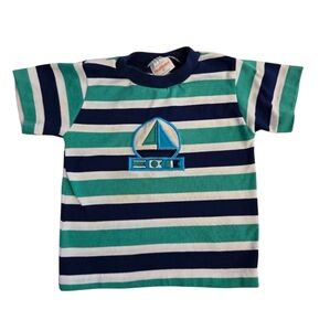 Healthtex Blue And Green Striped T-Shirt with Sailboat Design